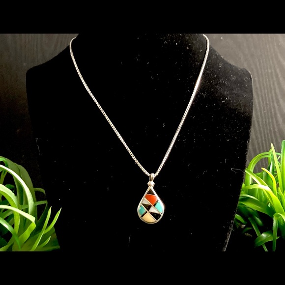 Signed Ralph Lillie Kallestewa RLK Sterling Silver Zuni Inlay Pendant Necklace - Picture 4 of 12